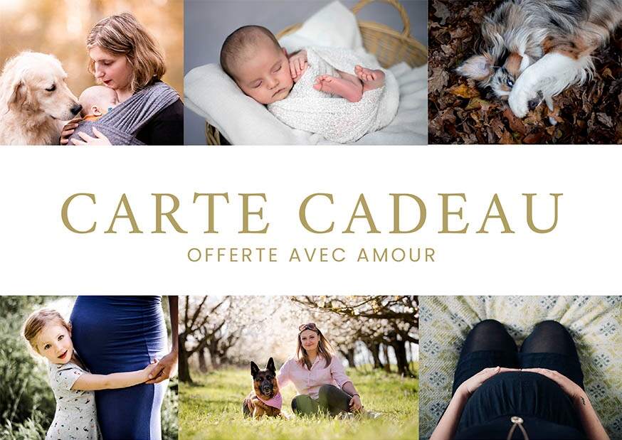 Carte cadeau pour une séance photo famille et chien, idéale à offrir à un amoureux des chiens habitant à lyon et alentours