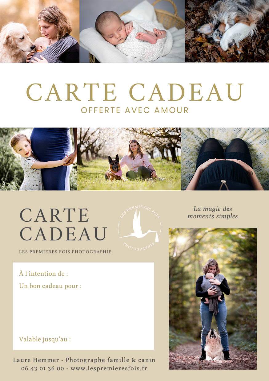 Carte cadeau pour une séance photo famille et canin , idéale à offrir à un amoureux des chiens, habitant en région Lyonnaise.
